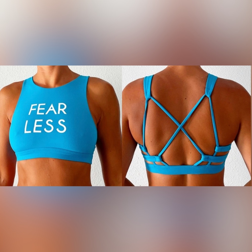 Aerie Sports Bra Small Blue “FEAR LESS” Strappy Back High Neck Activewear